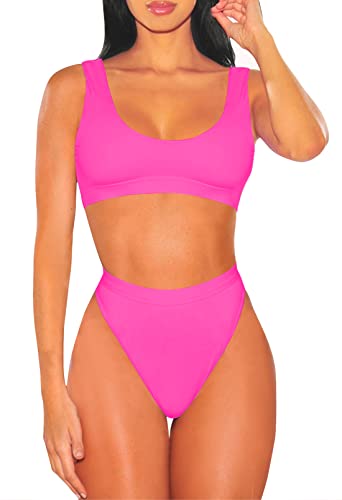 Viottiset Damen Bademode Crop Top Bikini Set Zweiteilige Badeanzug Hohe Taille Strandkleidung Push Up Rose Red X-Large von Viottiset