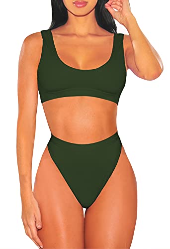 Viottiset Damen Bademode Crop Top Bikini Set Zweiteilige Badeanzug mit Hoher Taille Strandkleidung Bikinihose (L, Armeegrün) von Viottiset
