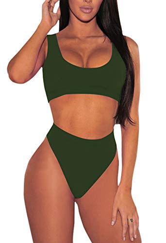 Bikini, hohe Taille, Badeanzug, Push Up, Tank Top, hoher Schnitt, Tanga, Badeanzug, 2-teilig für Damen, Grün, L von Viottiset