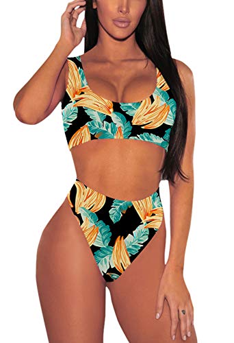 Viottiset Damen Bademode Crop Top Bikini Set Zweiteilige Badeanzug mit Hoher Taille Strandkleidung Bikinihose (L, Türkis) von Viottiset