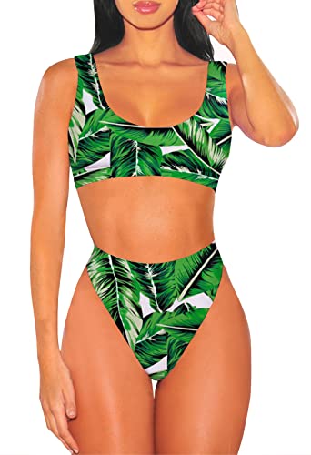 Viottiset Damen Bademode Crop Top Bikini Set Zweiteilige Badeanzug mit Hoher Taille Strandkleidung Bikinihose (M, Grün) von Viottiset