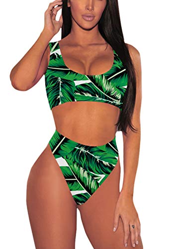 Viottiset Damen Bademode Crop Top Bikini Set Zweiteilige Badeanzug mit Hoher Taille Strandkleidung Bikinihose (M, Grün) von Viottiset