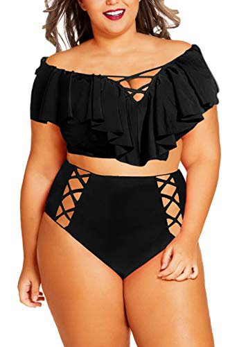 Viottiset Damen Bademode Groß Größe Tankini Sets Plus Size High Waist Bauchweg Badeanzüge XL Schwarz von Viottiset