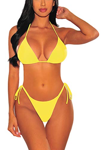 Viottiset Damen Bademode Neckholder Zweiteilige Biniki Set mit Hohe Taille Bandage Bikinihose 01 Gelb L von Viottiset