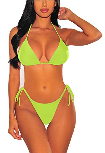 Viottiset Damen Bademode Neckholder Zweiteilige Biniki Set mit Hohe Taille Bandage Bikinihose 01 Hellgrün M von Viottiset