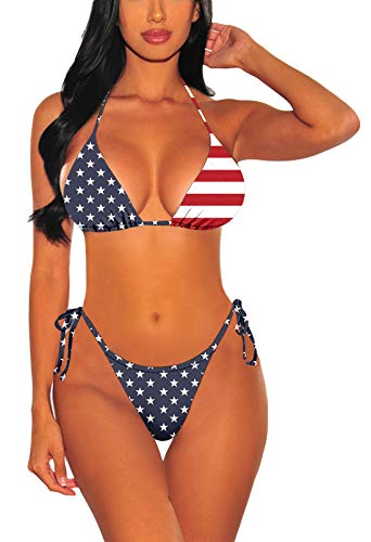 Viottiset Damen Bademode Neckholder Zweiteilige Biniki Set mit Hohe Taille Bandage Bikinihose 01 Navy blau L von Viottiset