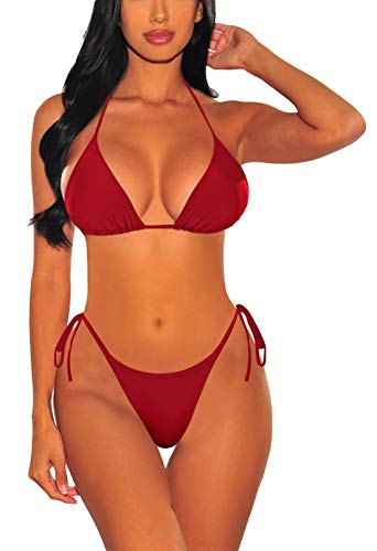 Viottiset Damen Bademode Neckholder Zweiteilige Biniki Set mit Hohe Taille Bandage Bikinihose 01 Rot XL von Viottiset
