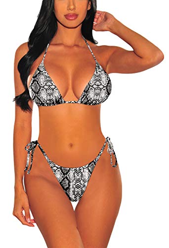 Viottiset Damen Bademode Neckholder Zweiteilige Biniki Set mit Hohe Taille Bandage Bikinihose 01 Schwarz und weiß L von Viottiset