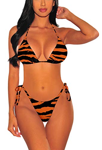 Viottiset Damen Bademode Neckholder Zweiteilige Biniki Set mit Hohe Taille Bandage Bikinihose 02 Orange L von Viottiset