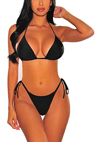 Viottiset Damen Bademode Neckholder Zweiteilige Biniki Sets mit Hohe Taille Bandage Bikinihose 01 Schwarz L von Viottiset