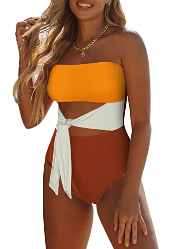 Viottiset Damen Bandeau Badeanzug Bauchweg Trägerloser Monokini Einteiler High Cut Waist Tie Badebekleidung Orange Weiß S von Viottiset
