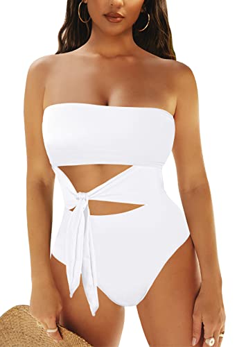 Viottiset Damen Bandeau Badeanzug Bauchweg Trägerloser Monokini Einteiler High Cut Waist Tie Badebekleidung Weiß XXL von Viottiset