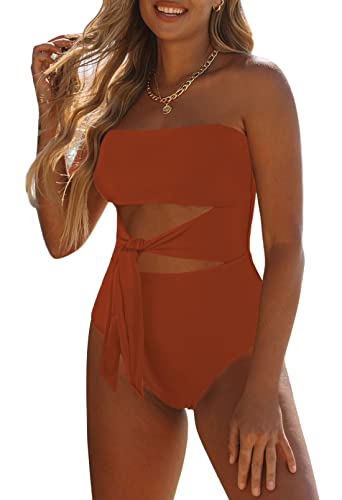 Viottiset Damen Bandeau Badeanzug Bauchweg Trägerloser Monokini Einteiler High Cut Waist Tie Push Up Gebranntes Orange XL von Viottiset