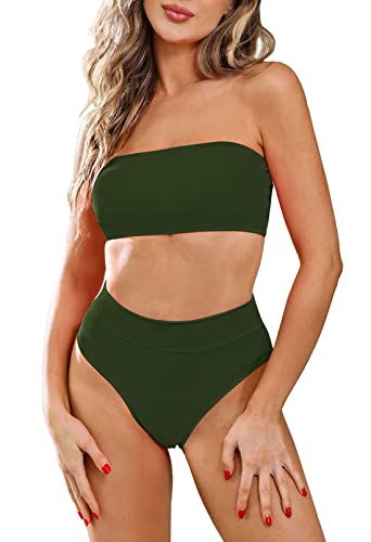 Viottiset Damen Bandeau Top Bikini Push Up Padded Zweiteilig High Waist Set Sommer Strand Abnehmbare Träger Armeegrün L von Viottiset