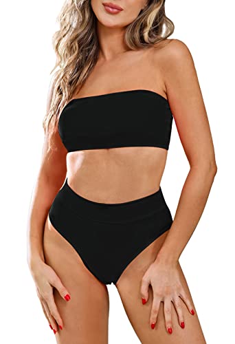 Viottiset Damen Bandeau Top Bikini Push Up Padded Zweiteilig High Waist Set Sommer Strand Abnehmbare Träger Schwarz XL von Viottiset
