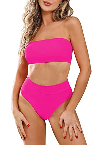 Viottiset Damen Bandeau Top Bikini Set Hoher Taille Badeanzug Abnehmbare Träger Sexy Push-Up Padded Hellrosa S von Viottiset