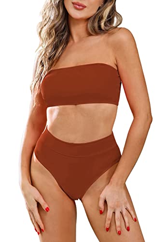 Viottiset Damen Bandeau Top Bikini Set Hoher Taille Badeanzug Abnehmbare Träger Sexy Push-Up Padded Gebranntes Orange X-Large von Viottiset