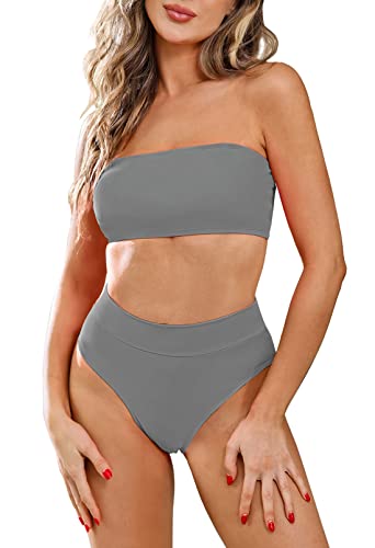 Viottiset Damen Bandeau Top Bikini Set Hoher Taille Badeanzug Abnehmbare Träger Sexy Push-Up Padded Grau XL von Viottiset