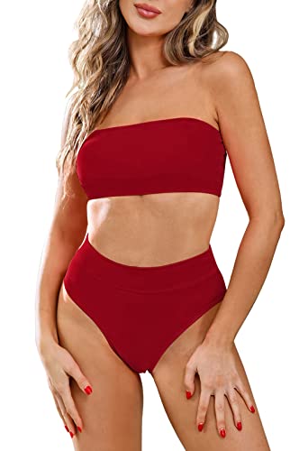 Viottiset Damen Bandeau Top Bikini Set Hoher Taille Badeanzug Abnehmbare Träger Sexy Push-Up Padded Rose Rot L von Viottiset