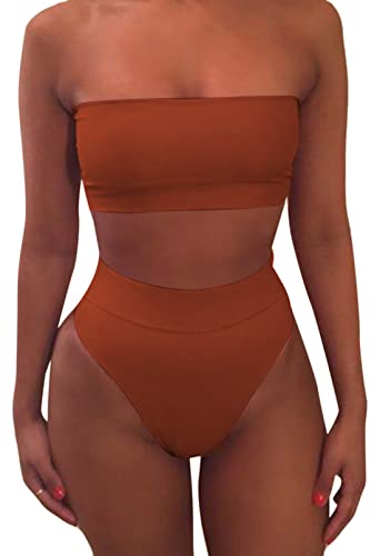 Viottiset Damen Bandeau Top Bikini Set Hoher Taille Badeanzug Abnehmbare Träger Sexy Push-Up Padded Gebranntes Orange Mittel von Viottiset