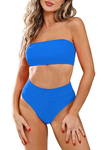 Viottiset Damen Bandeau Top Bikini Set Hoher Taille Badeanzug Abnehmbare Träger Sexy Push-Up Padded Tiefes Blau Mittel von Viottiset