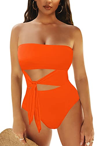 Viottiset Damen Bandeau Trägerloser Einteiler Wickel Badeanzug Hoher Schnitt Monokini Badebekleidung Orange Large von Viottiset