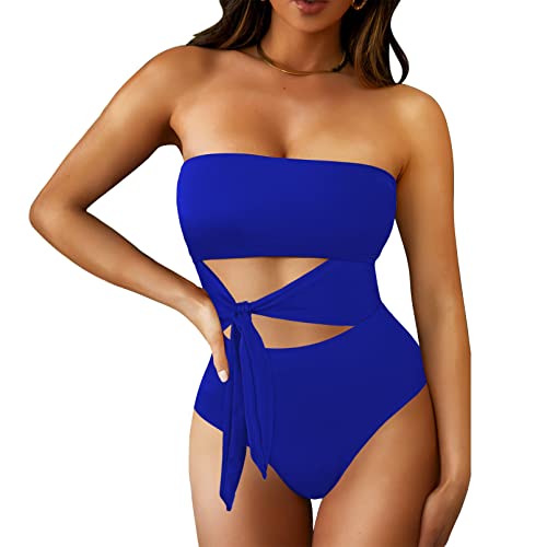 Viottiset Damen Bandeau Trägerloser Einteiler Wickel Badeanzug Hoher Schnitt Monokini Badebekleidung Saphirblau Large von Viottiset