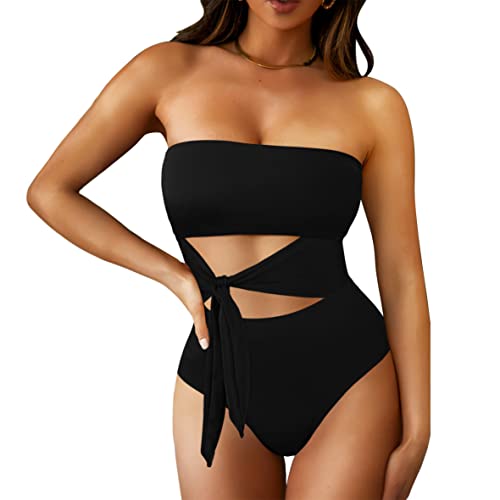Viottiset Damen Bandeau Trägerloser Einteiler Wickel Badeanzug Hoher Schnitt Monokini Badebekleidung Schwarz Large von Viottiset
