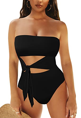 Viottiset Damen Bandeau Trägerloser Einteiler Wickel Badeanzug Hoher Schnitt Monokini Badebekleidung Schwarz Medium von Viottiset