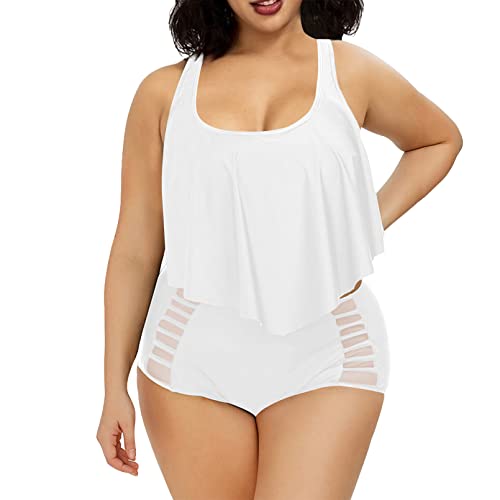 Viottiset Damen Bauchweg Volant Hohe Taile Zweiteiliger Badeanzug Push Up Swimsuits Weiß XXL von Viottiset