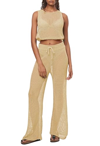 Viottiset Damen Bikini Cover Up Set 2-Teilige Häkellose Ärmellose Crop Top Breites Bein Lange Hosen Strand Aprikose M von Viottiset