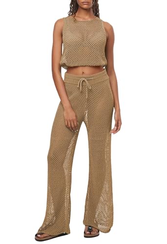 Viottiset Damen Bikini Coverups Set 2-Teilige Häkellose Ärmellose Crop Top Breites Bein Lange Hosen Strand Khaki L von Viottiset