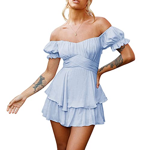 Viottiset Damen Boho Strampler Off Shoulder Rüschen Chiffon Shorts Jumpsuit Playsuit Print Minikleid Hellblau Mittel von Viottiset