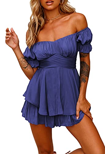 Viottiset Damen Boho Strampler Off Shoulder Rüschen Chiffon Shorts Jumpsuit Playsuit Print Minikleid Navy Blau Groß von Viottiset