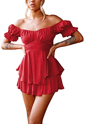 Viottiset Damen Boho Strampler Off Shoulder Rüschen Chiffon Shorts Jumpsuit Playsuit Print Minikleid Rot Mittel von Viottiset