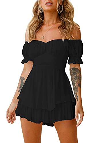 Viottiset Damen Boho Strampler Off Shoulder Rüschen Chiffon Shorts Jumpsuit Playsuit Print Minikleid Schwarz Klein von Viottiset