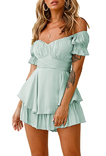 Viottiset Damen Boho Strampler Off Shoulder Rüschen Chiffon Shorts Jumpsuit Playsuit Print Minikleid Türkis Mittel von Viottiset