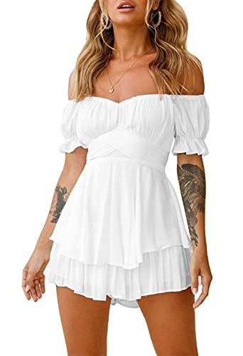 Viottiset Damen Boho Strampler Off Shoulder Rüschen Chiffon Shorts Jumpsuit Playsuit Print Minikleid Weiss Klein von Viottiset