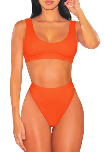 Viottiset Damen Crop Top Bikini Set High Waist 2-teilig High Cut Bademode Strand Push Up Sommer Orange XL von Viottiset
