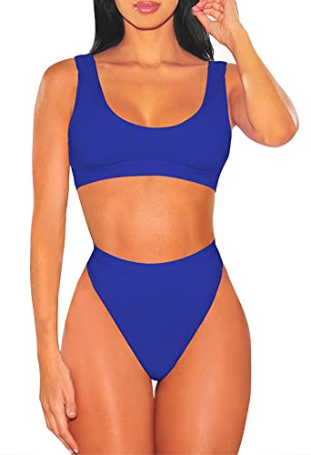 Viottiset Damen Crop Top Bikini Set Zweiteilige Badeanzug mit Hoher Taille Bikinihose Blau S von Viottiset