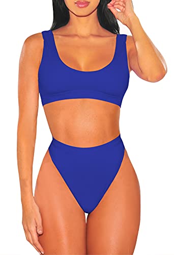 Viottiset Damen Crop Top Bikini Set Zweiteilige Badeanzug mit Hoher Taille Bikinihose Blau XL von Viottiset