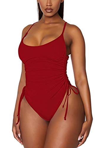 Viottiset Damen Einteiliger Badeanzug Bauchkontrolle Abdomen Hohe Taille Monokini Bademode Plissee Strandkleidung Rot M von Viottiset