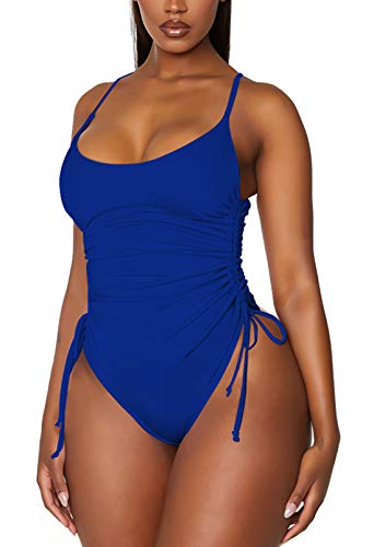 Viottiset Damen Einteiliger Badeanzug Bauchkontrolle Gerafft Monokini Bademode Plissee Strandkleidung Saphirblau Groß von Viottiset