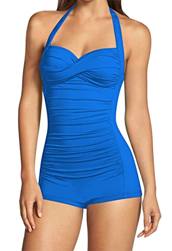 Viottiset Damen Einteiliger Badeanzug Bauchkontrolle Neckholder Twist Rüschen Bademode Monokini Strand Azurblau Klein von Viottiset