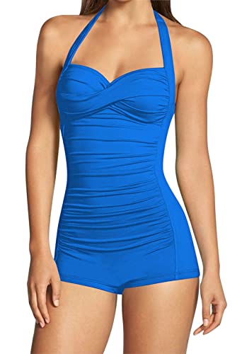 Viottiset Damen Einteiliger Badeanzug Bauchkontrolle Neckholder Twist Rüschen Bademode Monokini Strand Azurblau Mittel von Viottiset