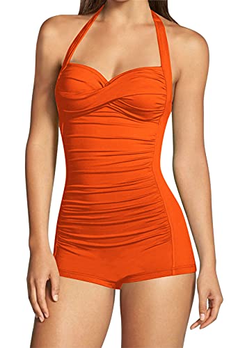 Viottiset Damen Einteiliger Badeanzug Bauchkontrolle Neckholder Twist Rüschen Bademode Monokini Strand Orange Klein von Viottiset