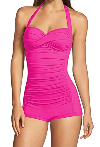 Viottiset Damen Einteiliger Badeanzug Bauchkontrolle Neckholder Twist Rüschen Bademode Monokini Strand Rosenrot Groß von Viottiset