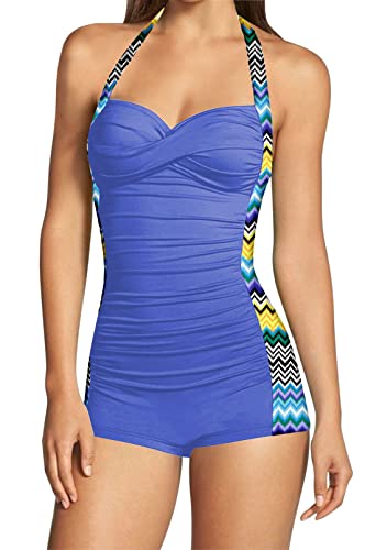 Viottiset Damen Einteiliger Badeanzug Bauchkontrolle Neckholder Twist Rüschen Bademode Monokini Taille Hellblau Groß von Viottiset