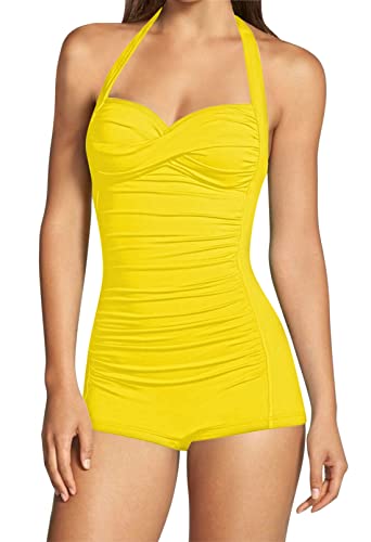 Viottiset Damen Einteiliger Badeanzug Bauchkontrolle Neckholder Twist Rüschen Bademode Monokini Taille Sexy Gelb X-Large von Viottiset