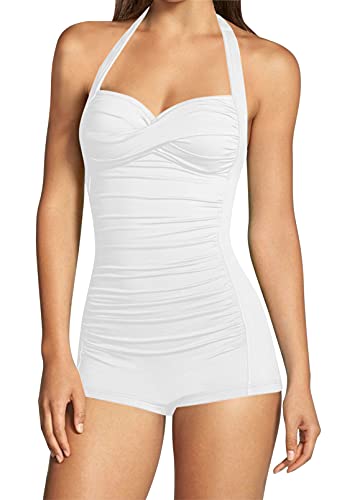 Viottiset Damen Einteiliger Badeanzug Bauchkontrolle Neckholder Twist Rüschen Bademode Monokini Taille Sexy Weiss Mittel von Viottiset